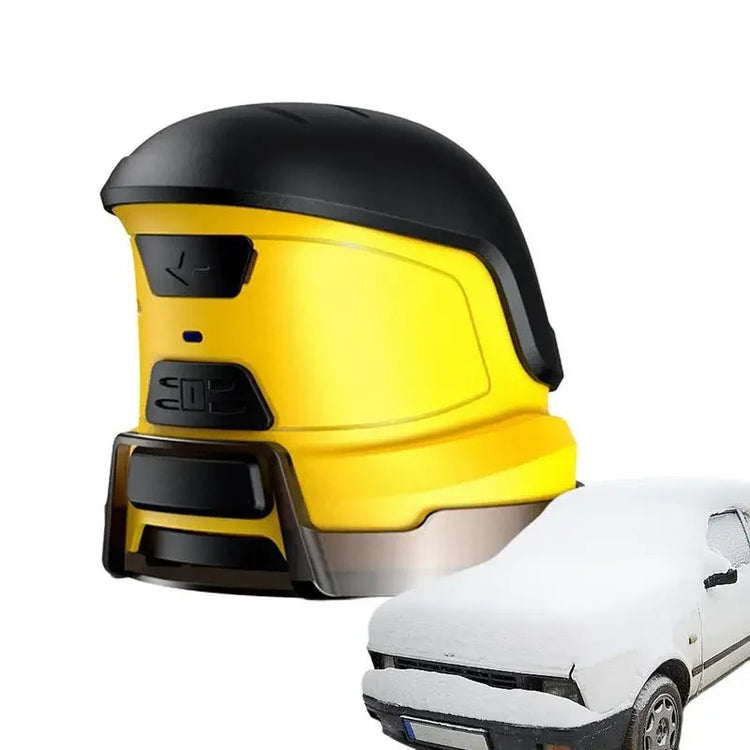 a yellow robot next to a white car