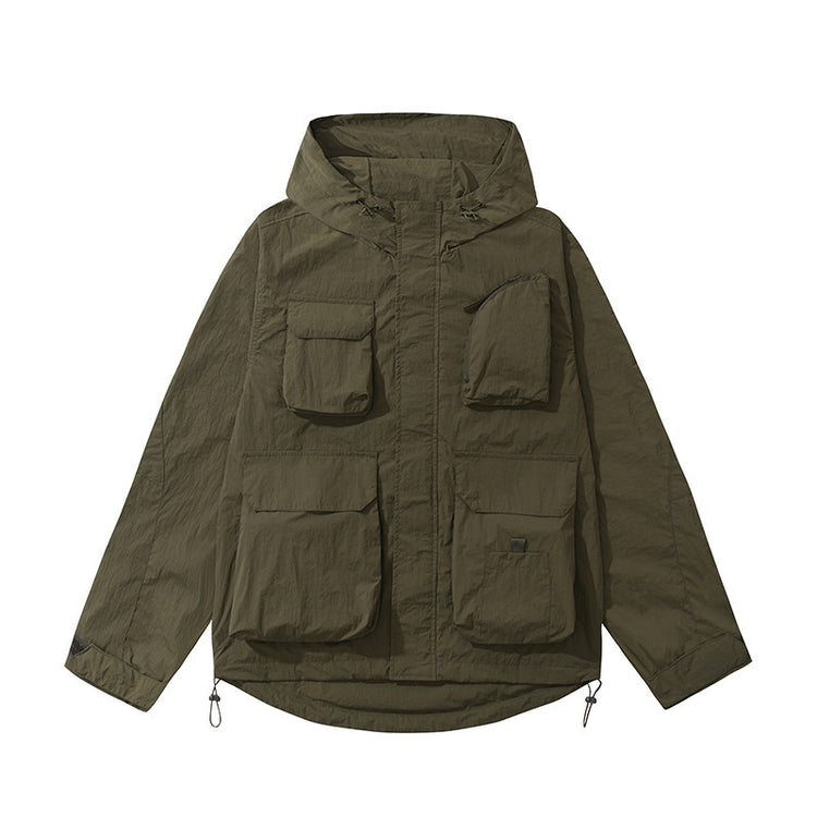 a green jacket with pockets