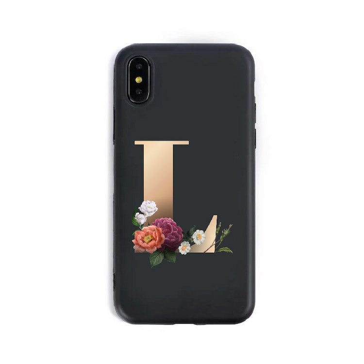 a black phone case with a gold letter on it