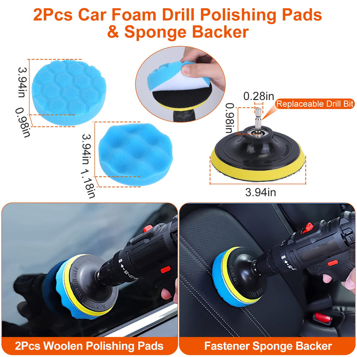 a collage of a car with a drill and sponge