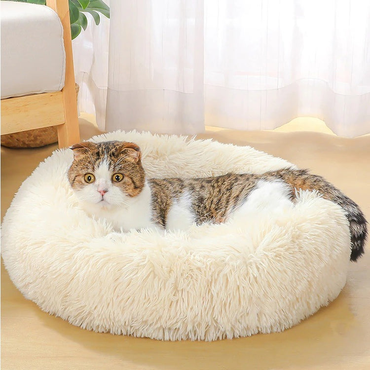 a cat lying in a round white furry bed