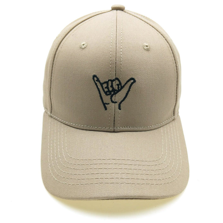 a tan hat with a hand gesture on it