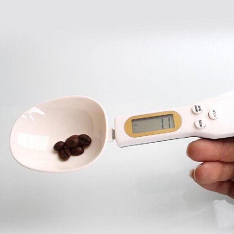 a hand holding a spoon with a spoon full of coffee beans