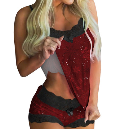 European And American Lace Sexy Sweet Print Suspender Two-piece Pajamas