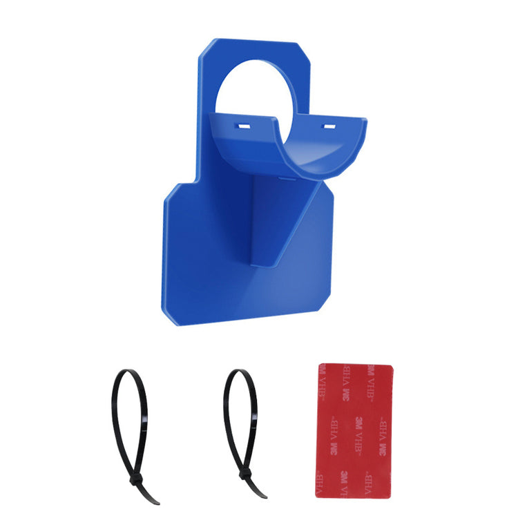 a blue plastic object with a red and black strap