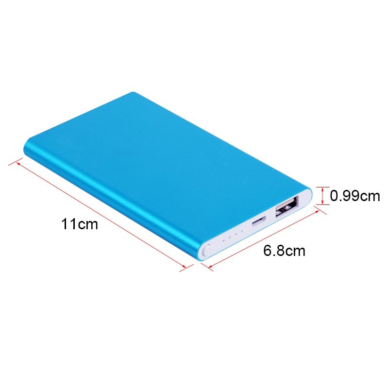 a blue power bank with a small port