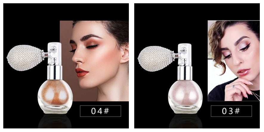 a woman with her eyes closed and a bottle of perfume