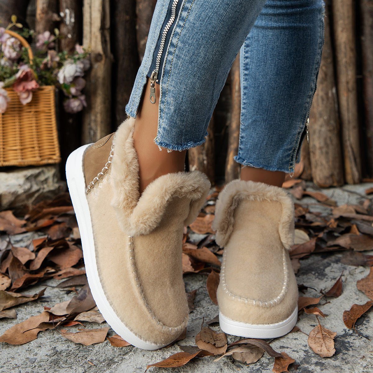 a person wearing jeans and slippers