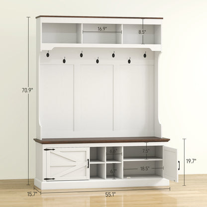 3-in-1 Hall Tree With Shoe Storage, Coat Rack With Bench, Entryway Furniture With Hooks, White Wood Grain
