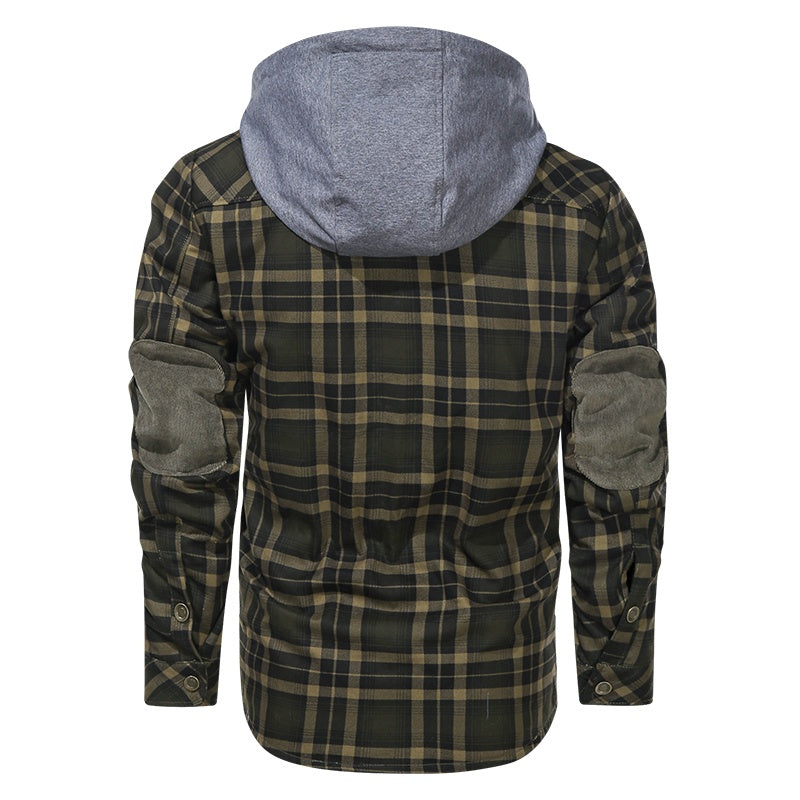 a green and black plaid jacket with a grey hood