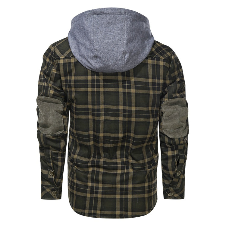 a green and black plaid jacket with a grey hood