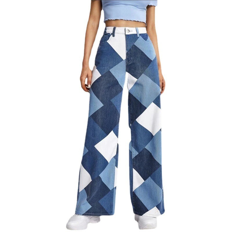 a person wearing a pair of blue and white checkered jeans