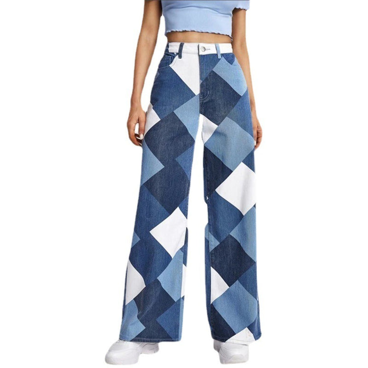 a person wearing a pair of blue and white checkered jeans