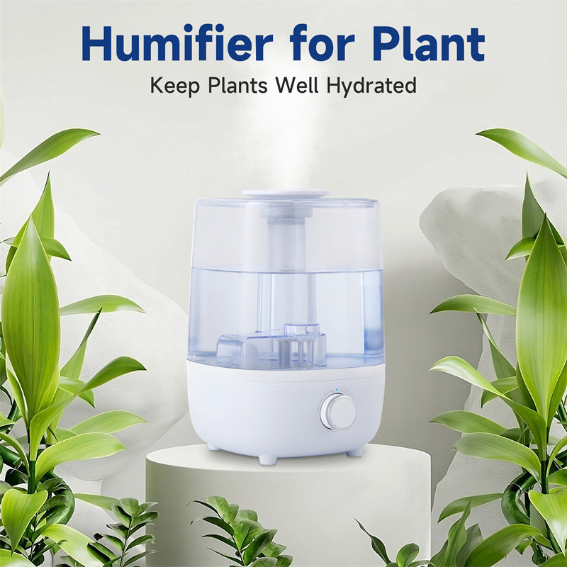 a white humidifier with green plants around it