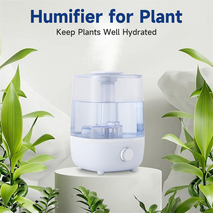 a white humidifier with green plants around it