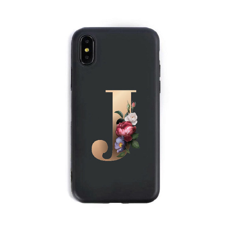 a black phone case with a letter on it