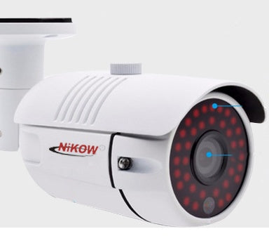 a white camera with red lights