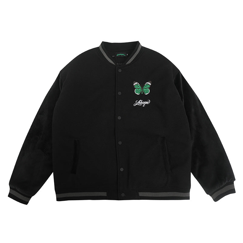 a black jacket with a green butterfly on it