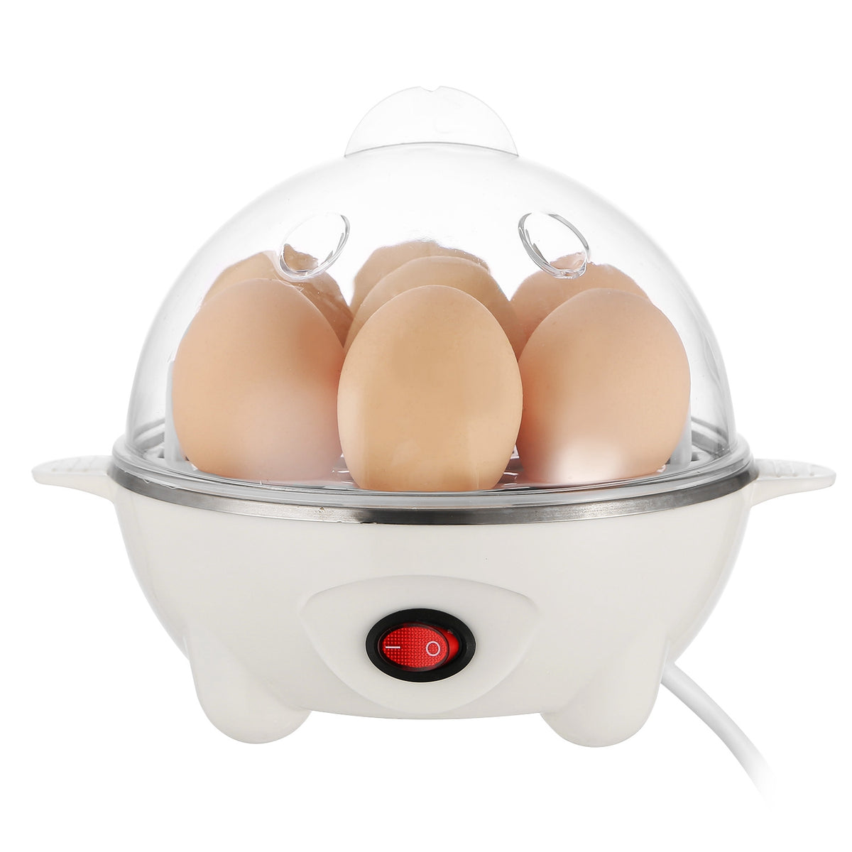 a white egg steamer with brown eggs in it