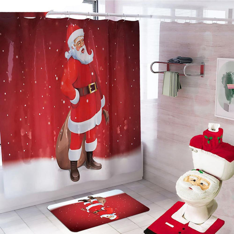 a bathroom with a red shower curtain and toilet