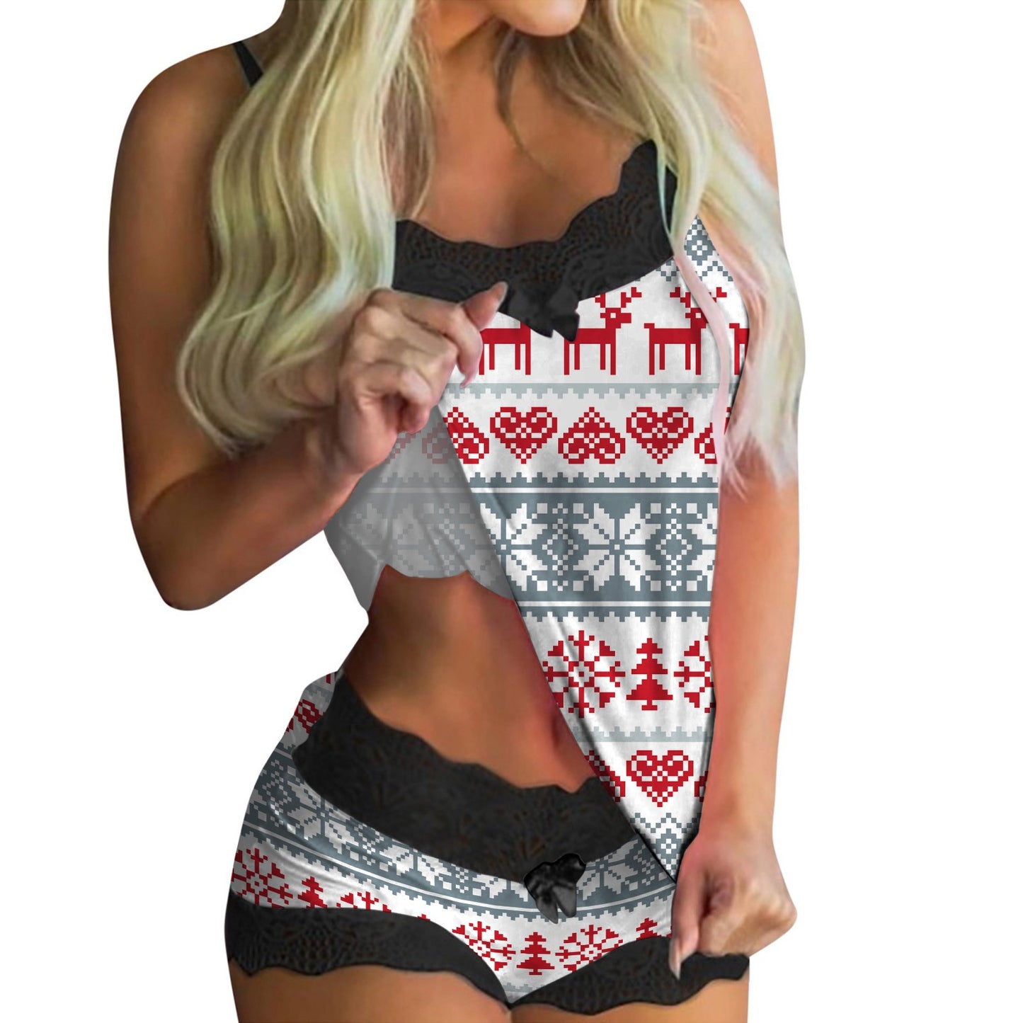 European And American Lace Sexy Sweet Print Suspender Two-piece Pajamas