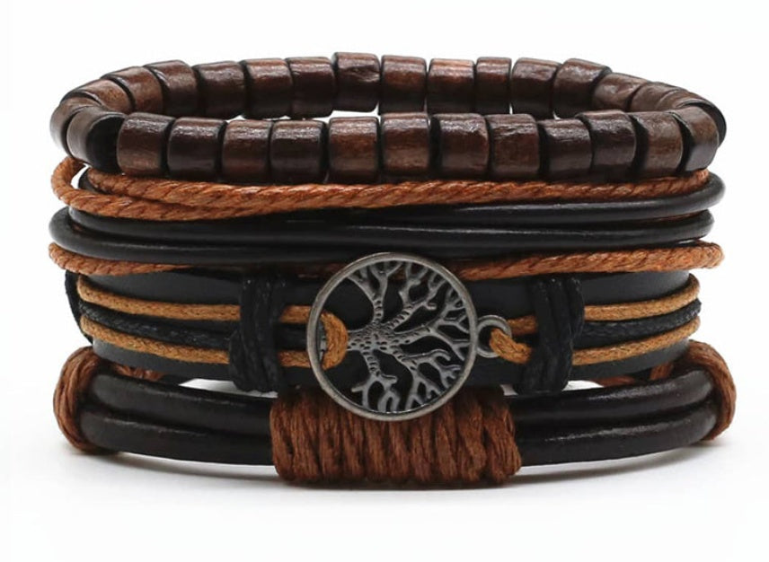 a bracelet with leather and wood beads