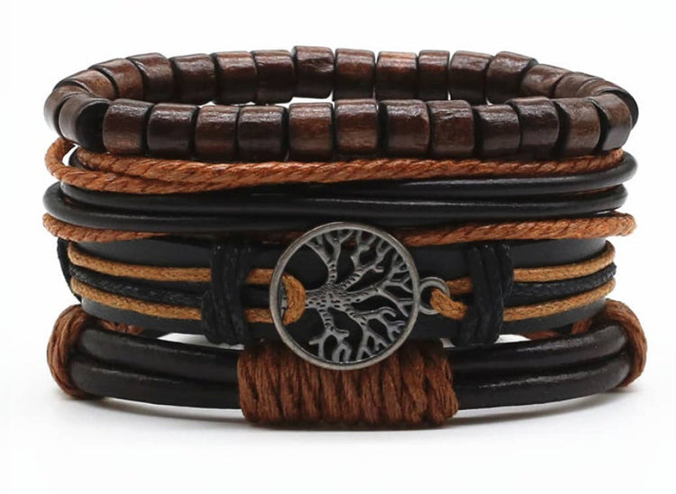 a bracelet with leather and wood beads