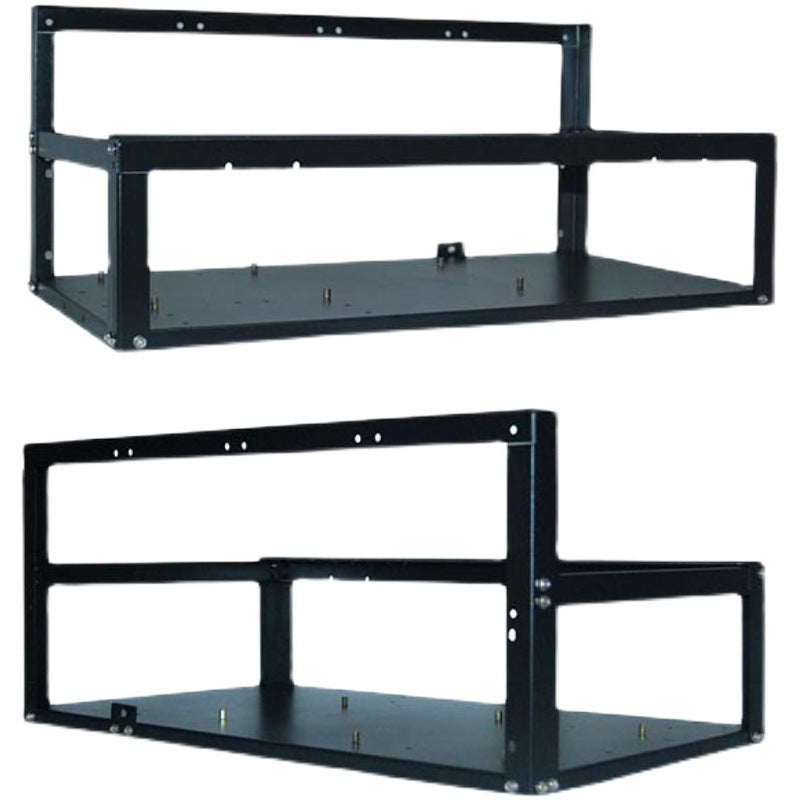 a black metal shelf with screws