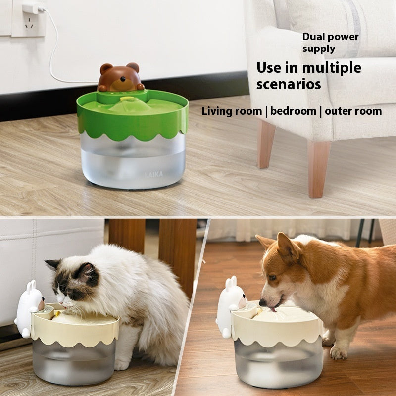 a collage of a cat and a dog playing with a water fountain