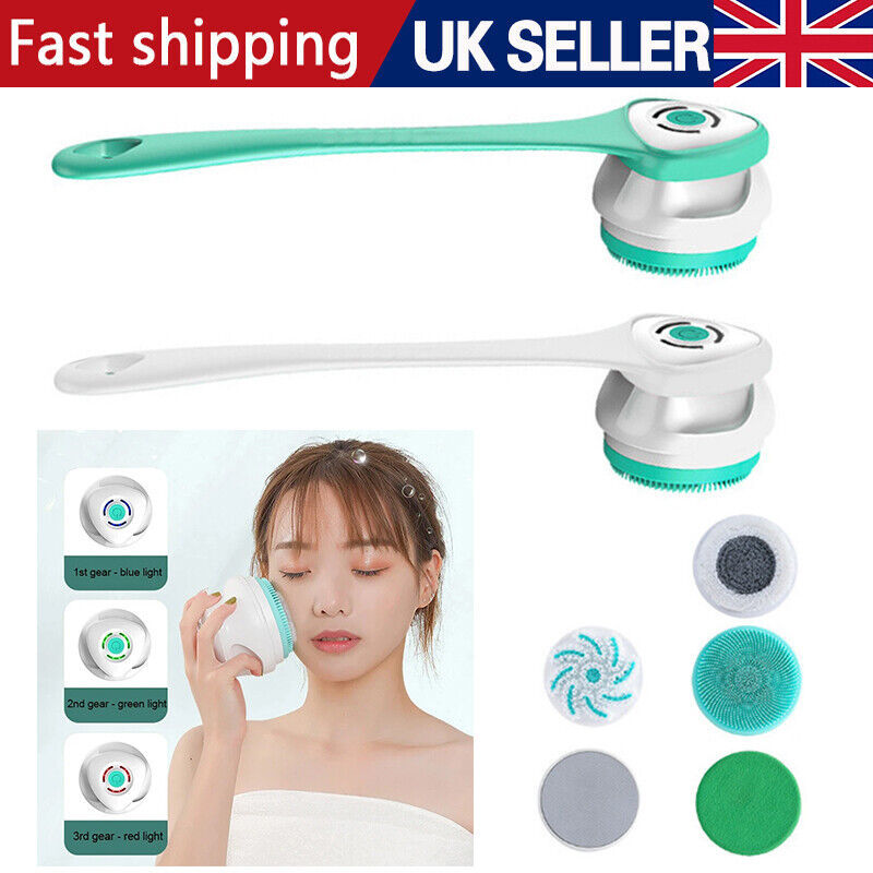 a collage of a woman with a face scrubber