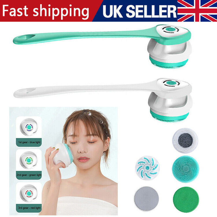 a collage of a woman with a face scrubber