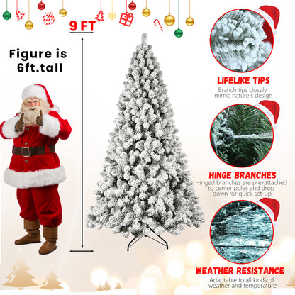 5ft 6ft 8ft 9ft Pre-Lit Flocked Christmas Tree Hinged Artificial Xmas Trees Premium PVC Branches With Lights