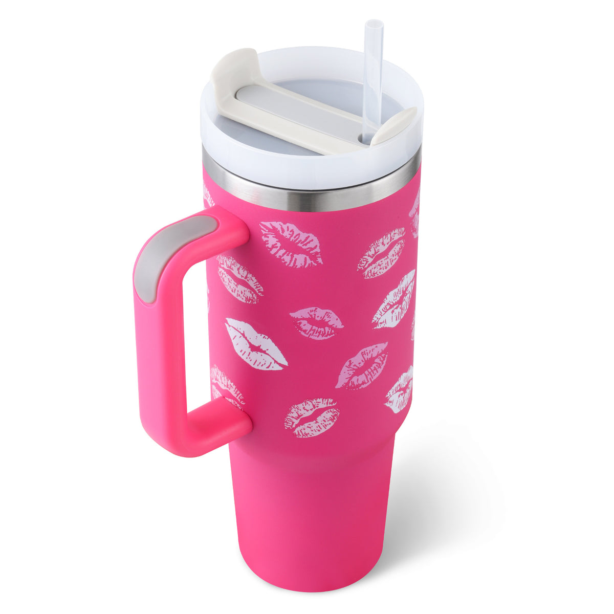a pink and white travel mug