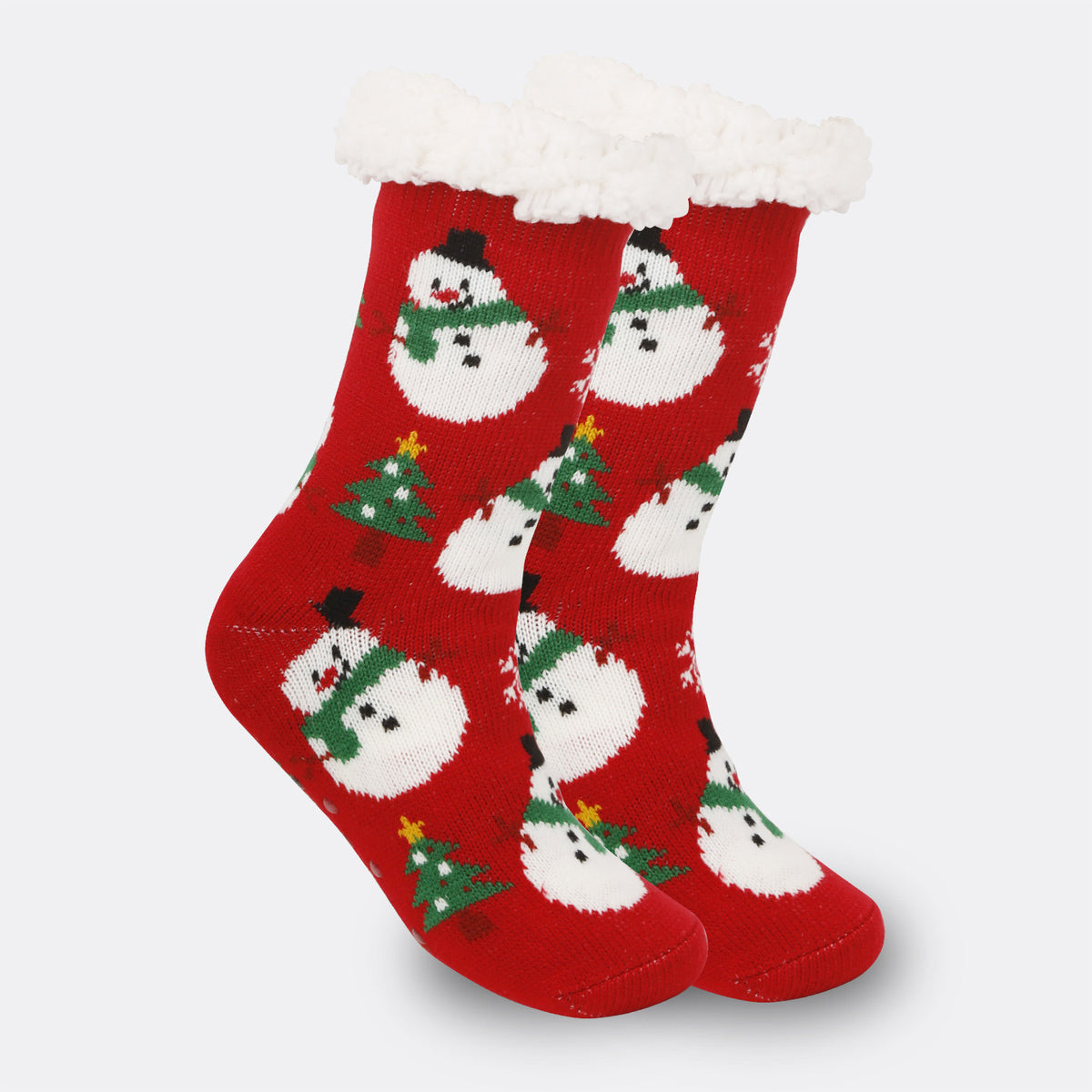 a pair of red socks with snowman designs