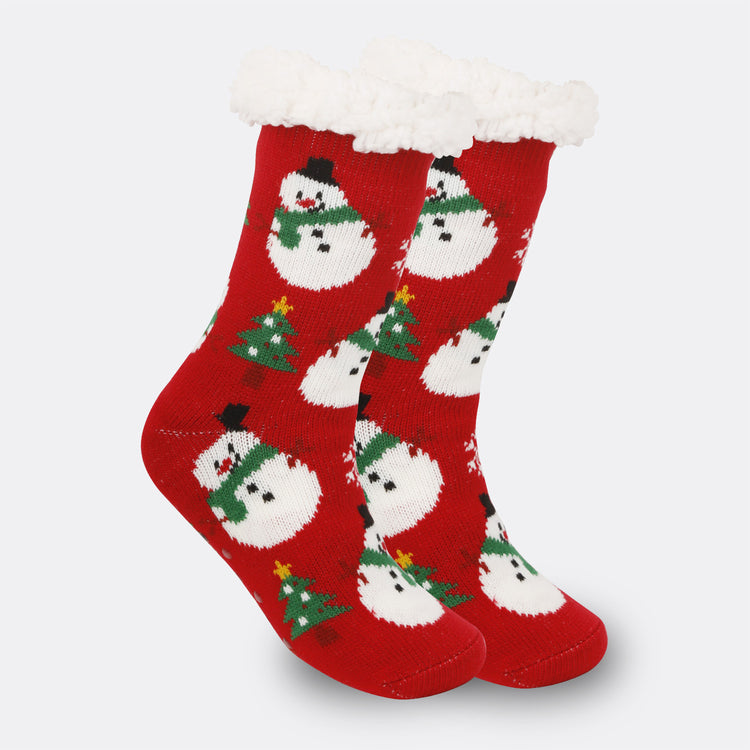 a pair of red socks with snowman designs