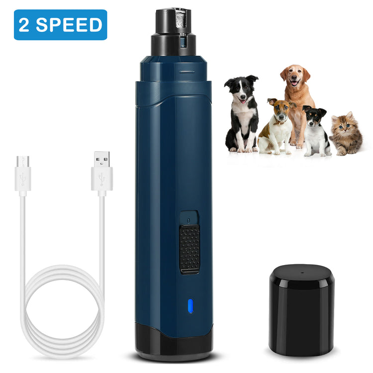 a blue electric grooming device with a group of dogs
