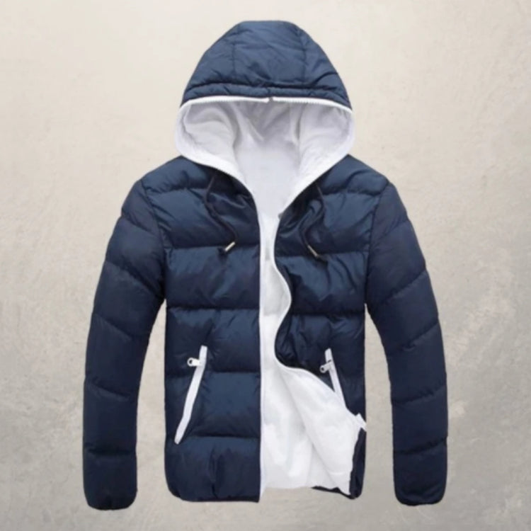 a blue jacket with a white lining