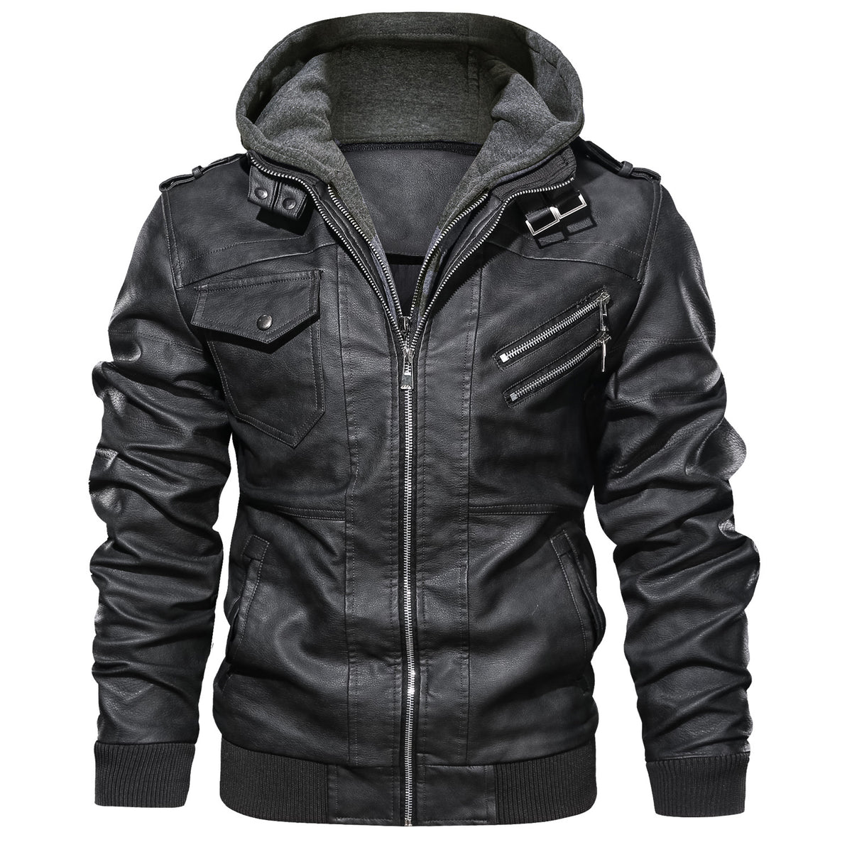 a black leather jacket with a hood