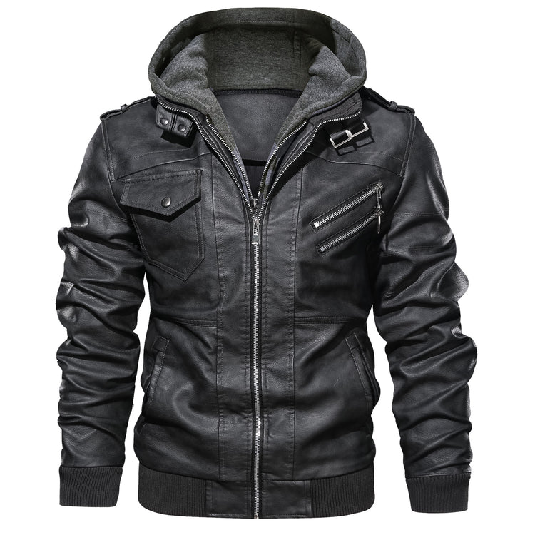 a black leather jacket with a hood