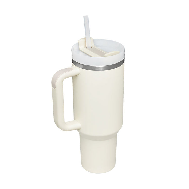 a white and silver coffee mug