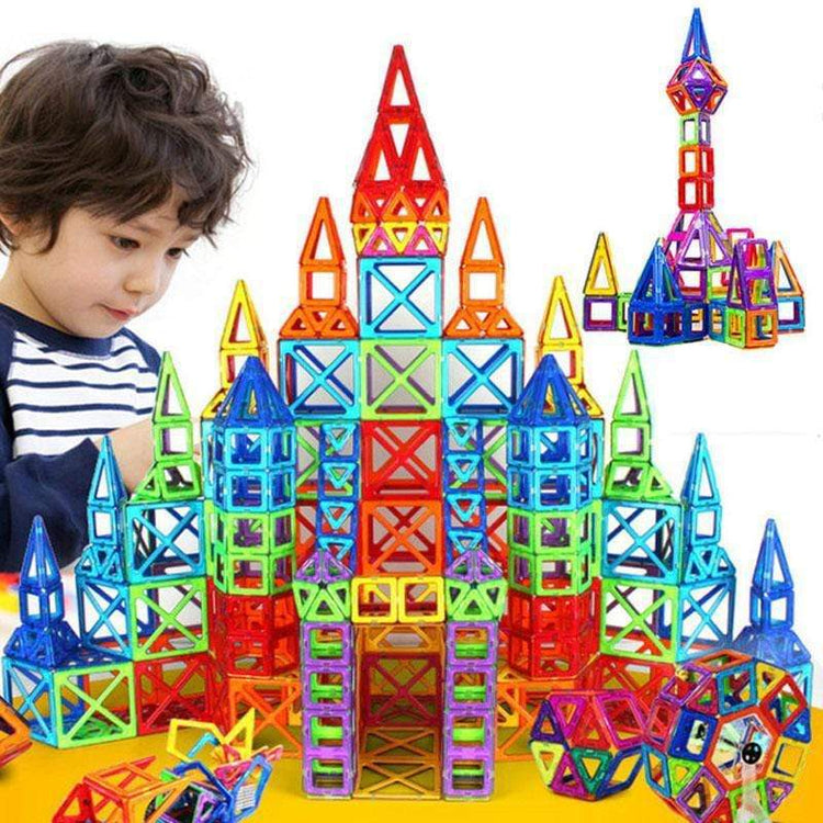 a child playing with colorful building blocks