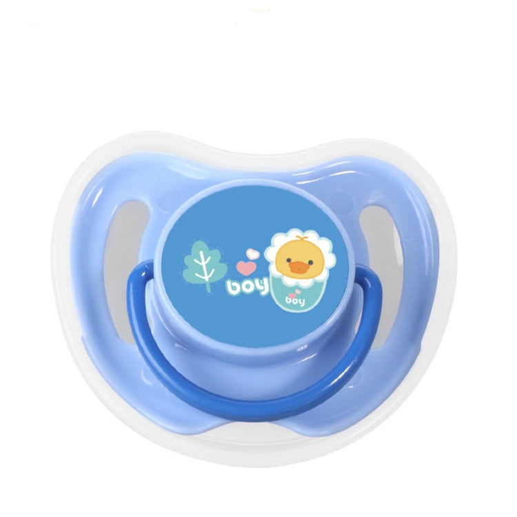 a blue pacifier with a yellow duck