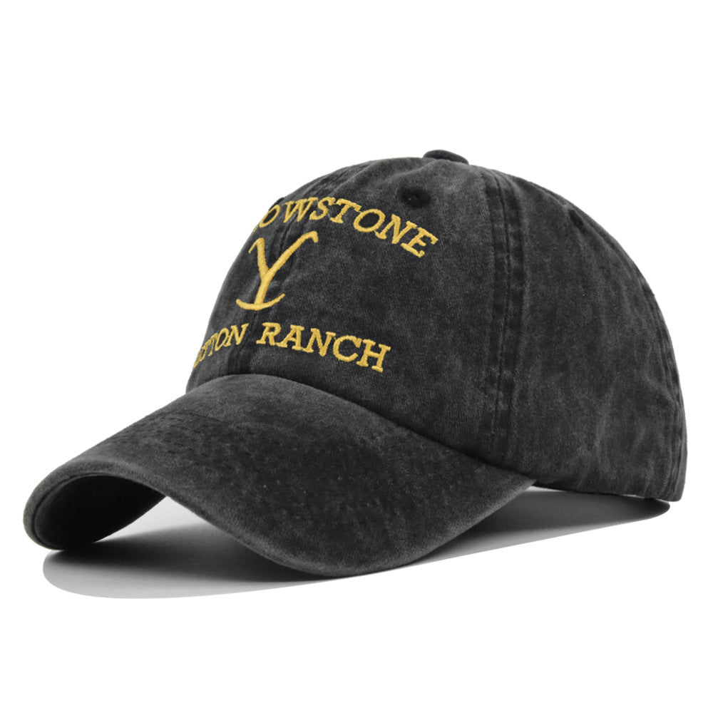 a black hat with yellow text