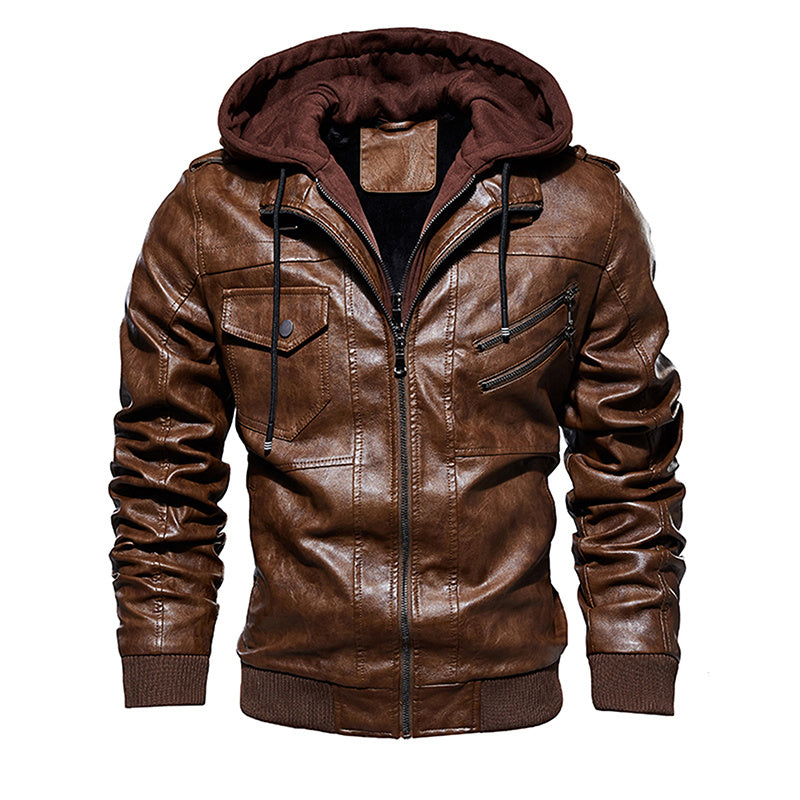 a brown leather jacket with a hood
