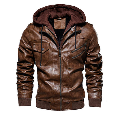Men Hooded Leather Jacket Thick Motorcycle Windproof Male Casual Winter PU Jacket
