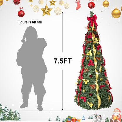 Prelit Full Pop Up Christmas Tree With Warm LED Lights, Gold And Red Ribbon, Bows, Balls Ornaments Easy Assemble Collapsible Xmas Trees Holiday Party Decor