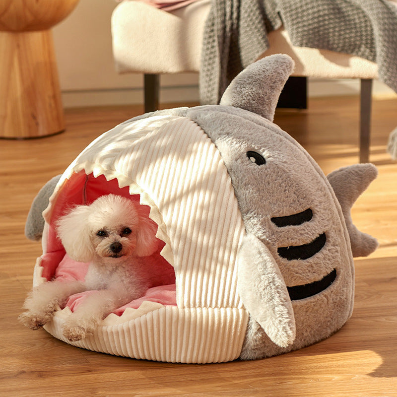 a dog in a dog bed