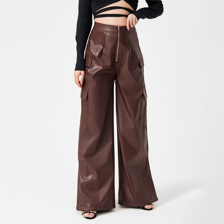 a woman wearing a black shirt and brown pants