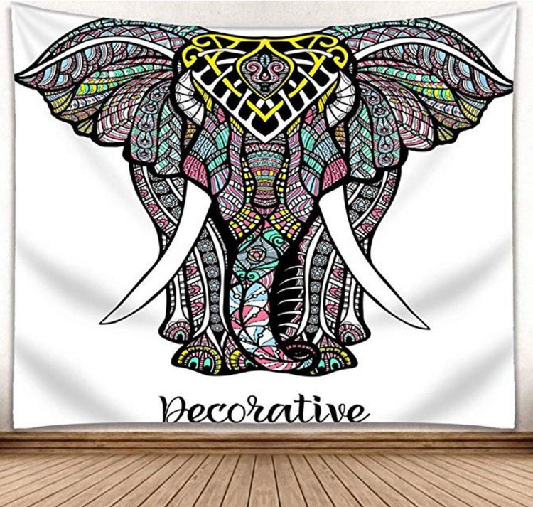 a colorful elephant with tusks on a wall