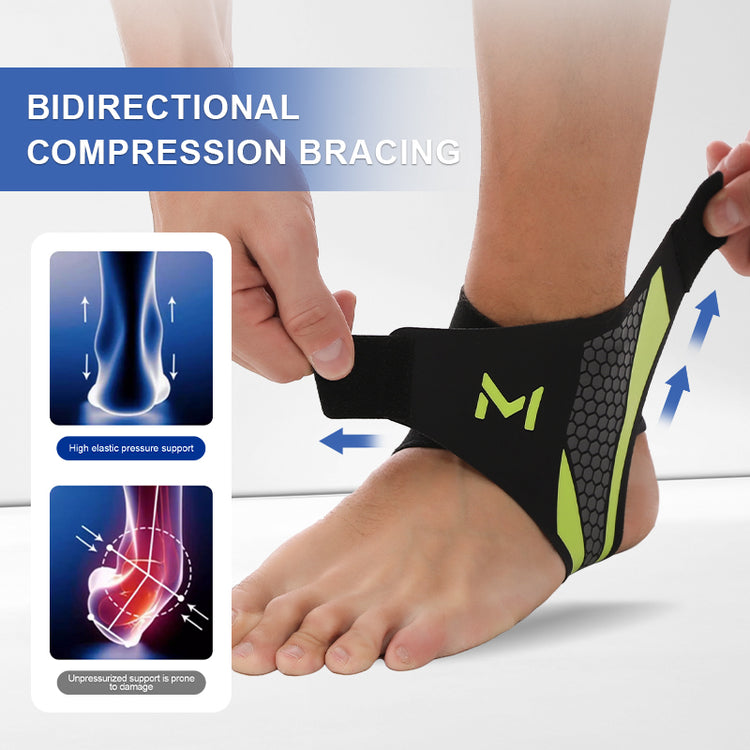 a person wearing a black and green ankle brace